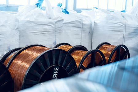 Production of copper wire, cable in reels at factory. Cable factory.の写真素材