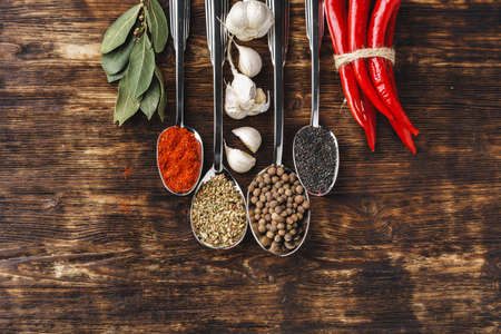 Spices in spoons on dark wooden background, top view, copy spaceの写真素材