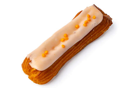 Glazed eclair dessert isolated on white background, copy space