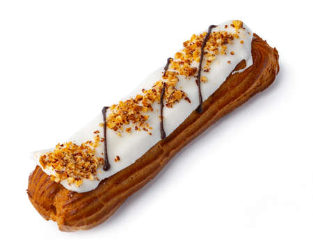 Glazed eclair dessert isolated on white background, copy spaceの写真素材