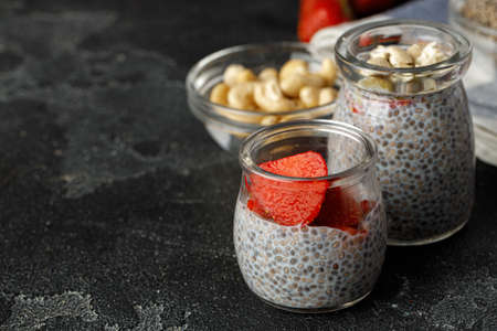 Bowl of chia pudding with fresh beriiesの写真素材
