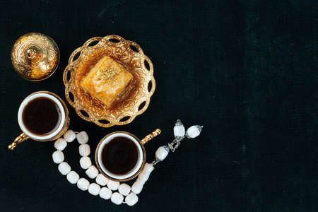 Turkish baklava national dessert served with teaの写真素材