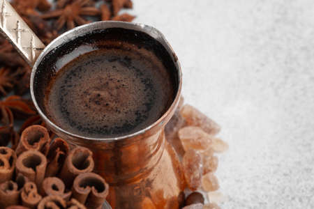 Turkish coffee with foam in copper turkの写真素材