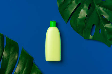 Green cosmetic bottle and monstera leaf on dark blue backgroundの写真素材