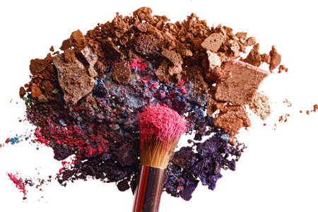 Broken scattered mix of eye shadows with make-up brushの写真素材