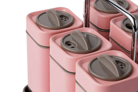 Set of plastic containers for spices isolated on whiteの写真素材