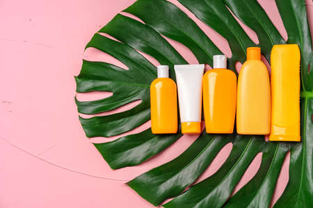 Many bottles with sunscreen skincare products and monstera leaf on pink background. Sun protection cosmetics conceptの写真素材