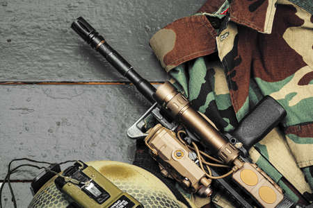 Khaki military uniform with ammunition close up