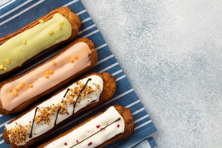 Close up photo of fresh french eclair cake with icing