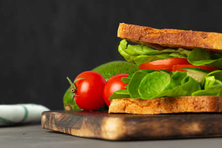 Healthy sandwich with vegetables on dark wooden backgroundの写真素材