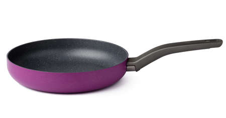 Purple new non-stick pan isolated on whiteの写真素材