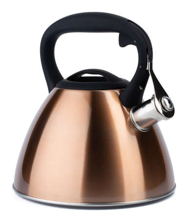 Metal tea pot for gas stove isolated on whiteの写真素材