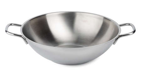 New silver metal stewpan on white backgroundの写真素材