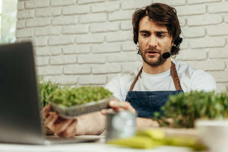 Handsome bearded man sells plant sprouts and seedlings online using laptop