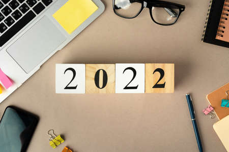 Office supplies and 2022 numbers. New year business goals and plans conceptの写真素材