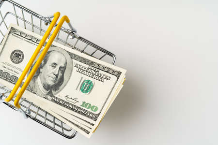 Toy shopping cart with American Dollars inside. Purchasing power and living wage concept