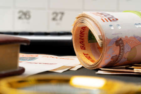 Magnifying Glass on the Russian Currency Rublesの写真素材