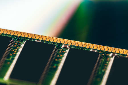 Green circuit board of a computer close up