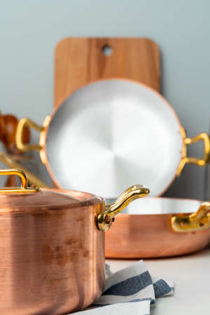 Close up of modern kitchen interior with copper cookwareの写真素材