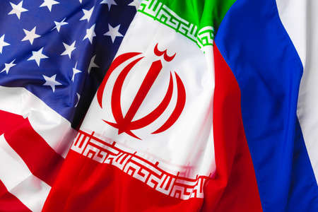 Flags of Iran, USA and Russia togetherの写真素材