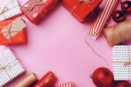 Christmas festive decorations with copy space on pink backgroundの写真素材