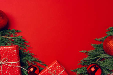 Red festive Christmas background with coniferous branches