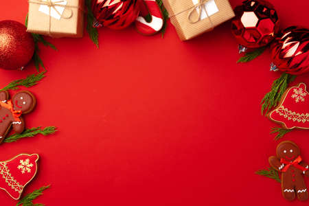 New Year background with festive decorations and gingerbread cookiesの写真素材