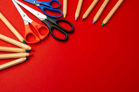 Top view of scattered stationery for schoolの写真素材
