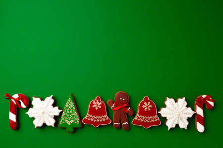 Assortment of Christmas gingerbread cookies top viewの写真素材