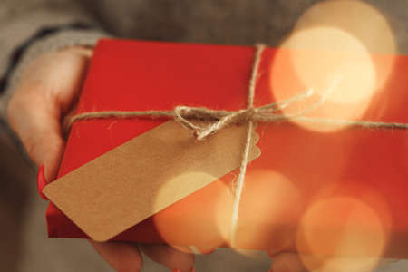 Female hands in sweater holding wrapped Christmas giftの写真素材