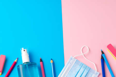 School stationery items and medical face maskの写真素材