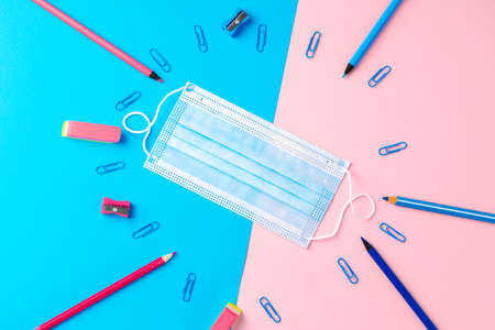 School stationery items and medical face maskの写真素材