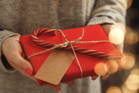 Female hands in sweater holding wrapped Christmas gift