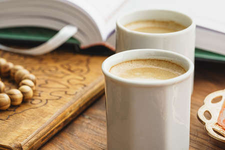 Oriental religious beads close up on a wooden tableの写真素材