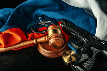 Russian justice. Wooden gavel and russian flagの写真素材