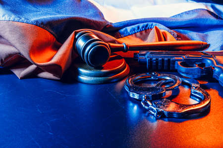 Russian justice. Wooden gavel and russian flagの写真素材