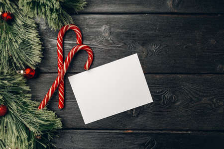 Coniferous branches and candy canes on black wooden boardの写真素材