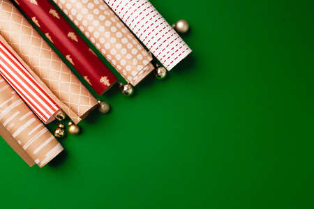 Wrapping paper rolls for Christmas presents top viewの写真素材