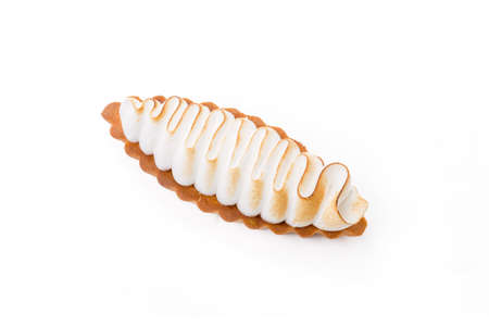 Lemon tart with meringue topping isolated on white