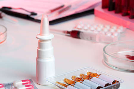 Close-up of test tubes arranged on a table in medical laboratoryの写真素材