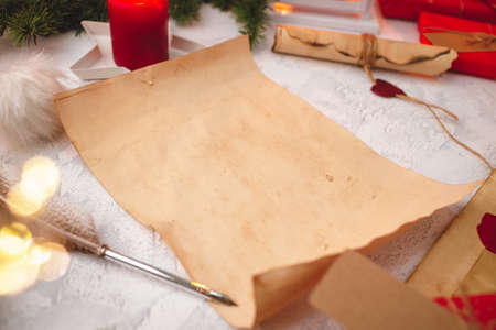 Vintage styled letter to Santa Claus with Christmas decorationsの写真素材