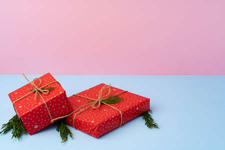 Beautiful wrapped red git boxes for Christmasの写真素材