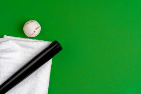 Baseball bat and ball, view from aboveの写真素材