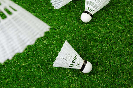 Badminton game shuttlecocks on grass background close upの写真素材