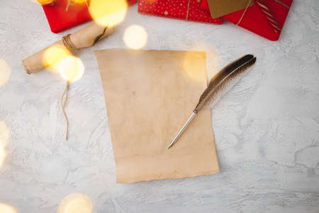 Vintage styled letter to Santa Claus with Christmas decorationsの写真素材