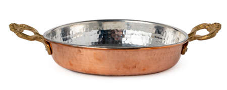 Copper cooking pan isolated on white backgroundの写真素材