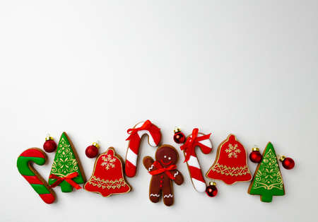 Assortment of Christmas gingerbread cookies top viewの写真素材