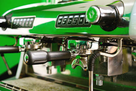 Professional coffee machine in coffee shop close up