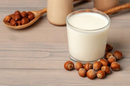Hazelnut non dairy milk and hazelnuts top viewの写真素材