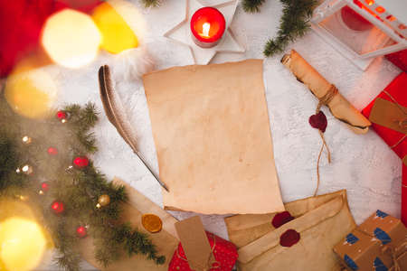 Vintage styled letter to Santa Claus with Christmas decorationsの写真素材